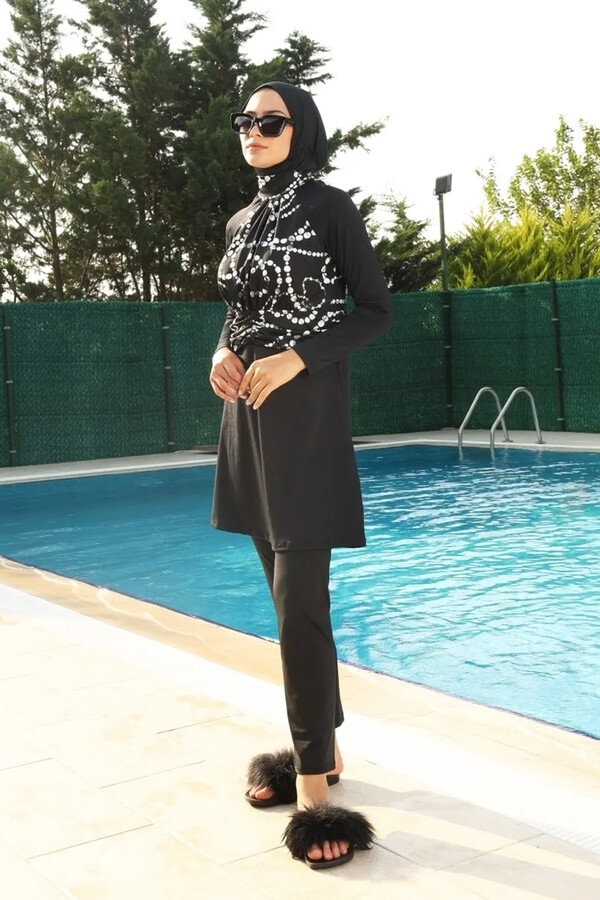 Remsa Swimwear Lycra Fully Covered Hijab Black Swimsuit With White Pattern 259/01 - Thumbnail