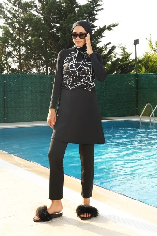 Remsa Swimwear Lycra Fully Covered Hijab Black Swimsuit With White Pattern 259/01 - Thumbnail