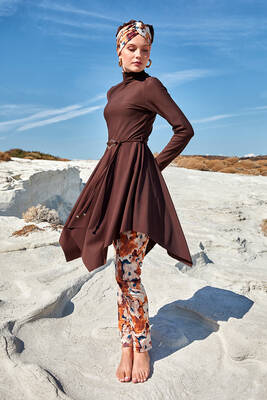 Adasea - Lycra Full Coverage Modest Swimsuit Set 1122 Brown