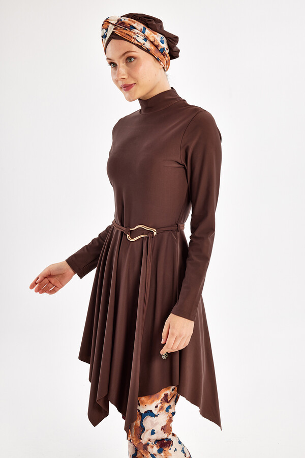Lycra Full Coverage Modest Swimsuit Set 1122 Brown - Thumbnail