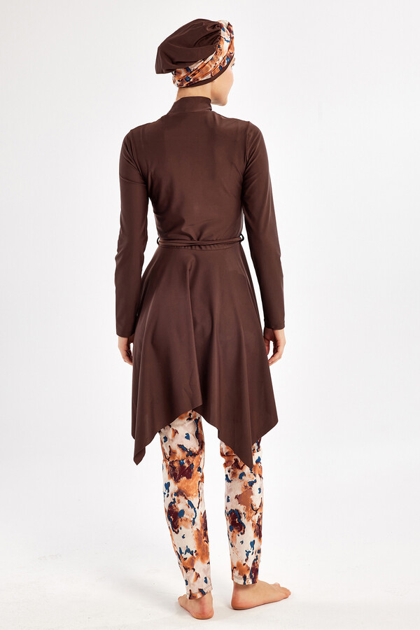 Lycra Full Coverage Modest Swimsuit Set 1122 Brown - Thumbnail