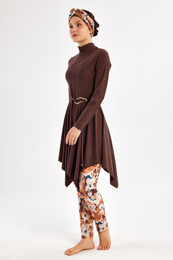 Lycra Full Coverage Modest Swimsuit Set 1122 Brown - Thumbnail