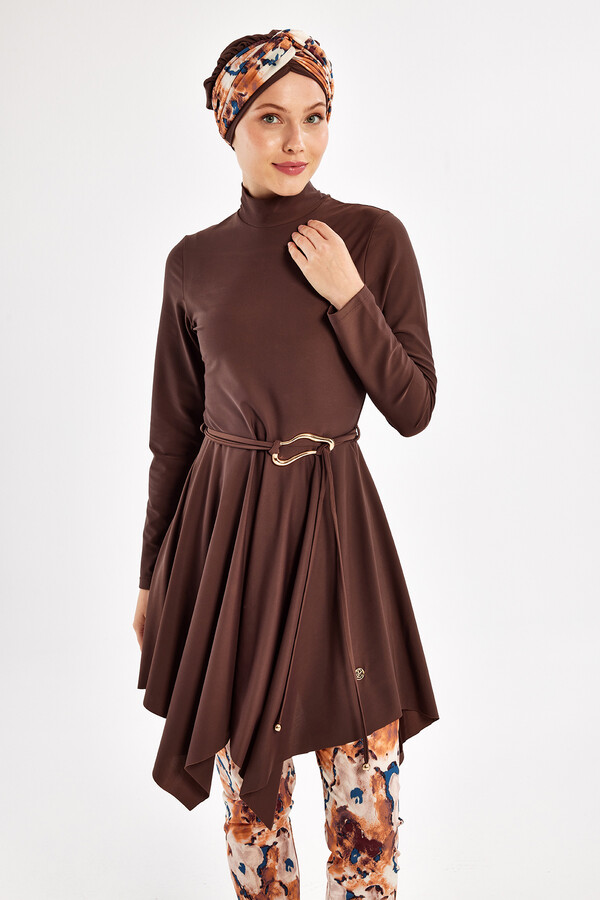 Lycra Full Coverage Modest Swimsuit Set 1122 Brown - Thumbnail