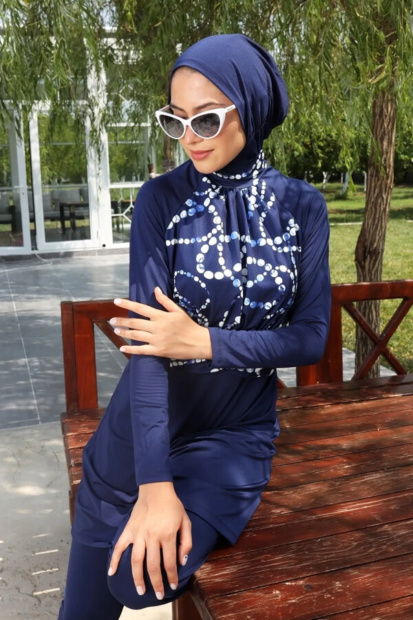 Remsa Swimwear Lycra Fully Covered Blue and White Pattern Swimsuit 259/02 Navy Blue - Thumbnail