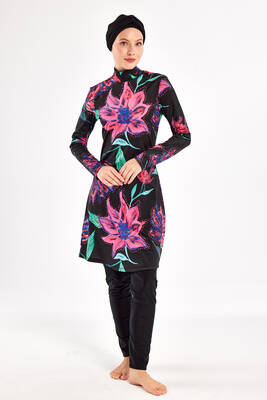 Adasea - Lycra Full Coverage Modest Swimsuit Set in Black with Tropical Print 1101 (1)