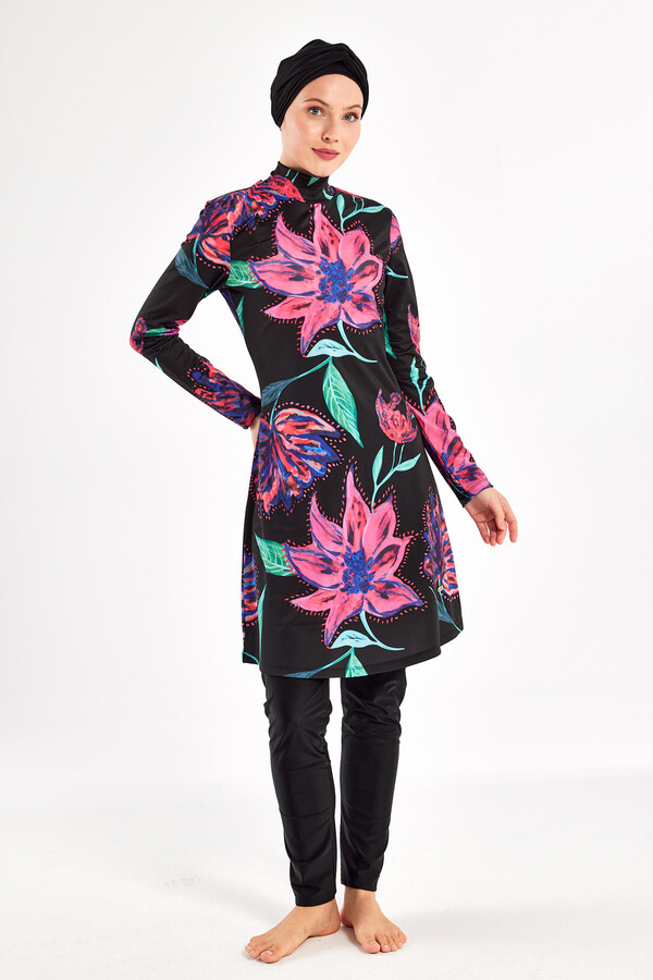 Lycra Full Coverage Modest Swimsuit Set in Black with Tropical Print 1101 - Thumbnail