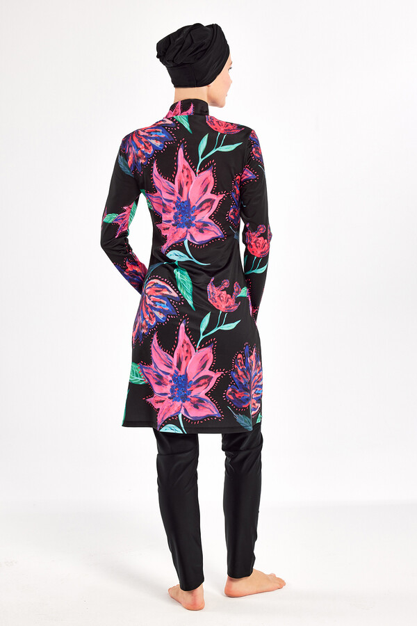 Lycra Full Coverage Modest Swimsuit Set in Black with Tropical Print 1101 - Thumbnail