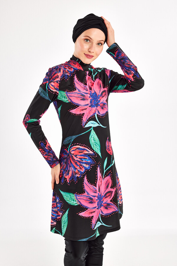Lycra Full Coverage Modest Swimsuit Set in Black with Tropical Print 1101 - Thumbnail