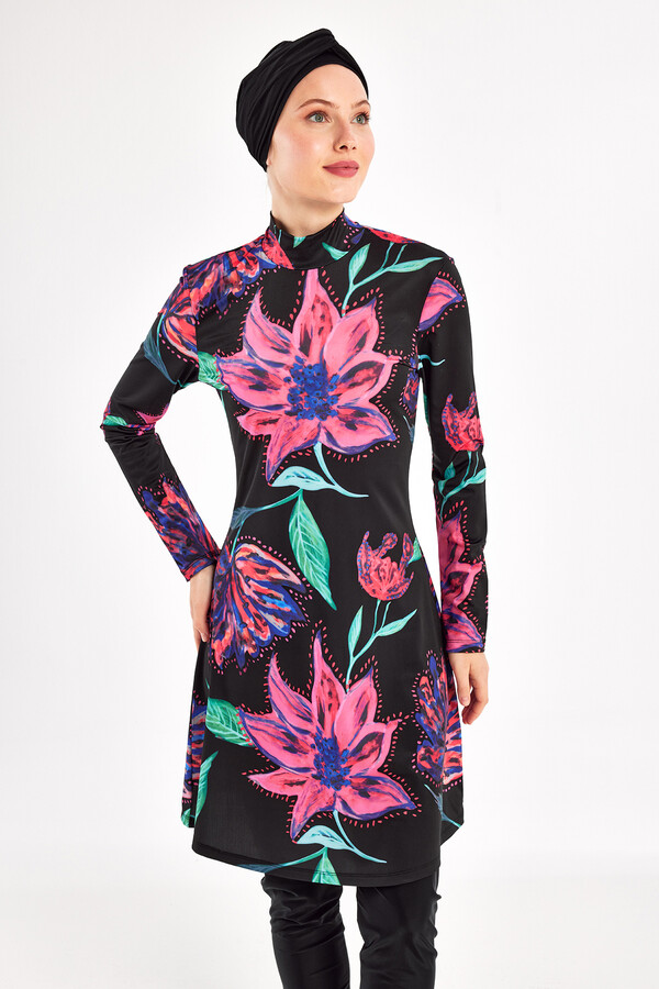 Lycra Full Coverage Modest Swimsuit Set in Black with Tropical Print 1101 - Thumbnail