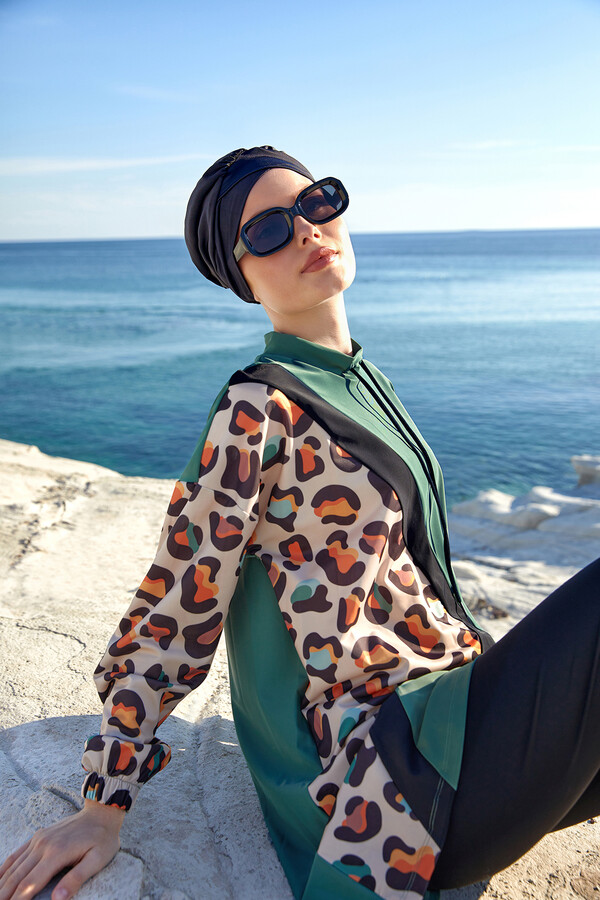 Lycra Full Coverage Modest Swimsuit Set in Khaki Print - Thumbnail