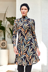Rozamay - Lycra Full Coverage Modest Swimsuit Patterned 3105 Black