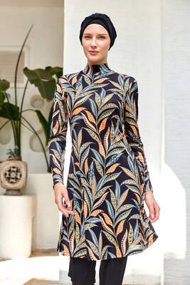 Rozamay - Lycra Full Coverage Modest Swimsuit Patterned 3105 Black Rozamay - Lycra Full Coverage Modest Swimsuit Patterned 3105 Black