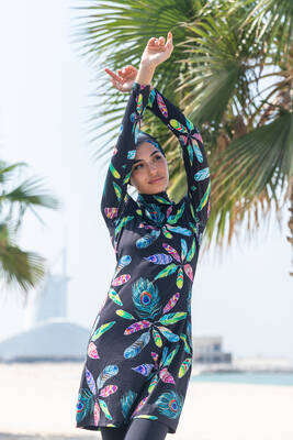 Remsa - Lycra Fully Covered Hijab Swimsuit Patterned Green Peacock Remsa - Lycra Fully Covered Hijab Swimsuit Patterned Green Peacock