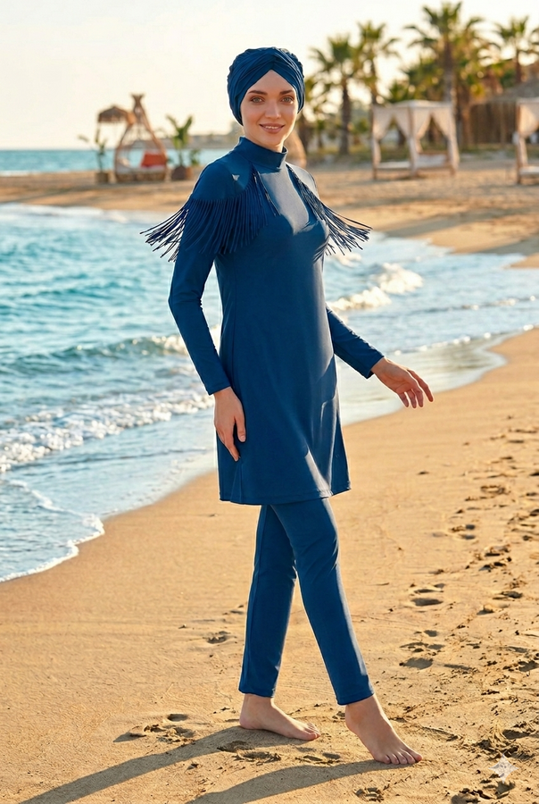 Lycra Fully Covered Hijab Swimsuit Ramira 4105 Light Navy Blue Remsa Swimsuit - Thumbnail