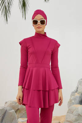 Remsa - Lycra Fully Covered Hijab Swimsuit Sea Swimsuit Frill Detailed T223-46 Fuchsia