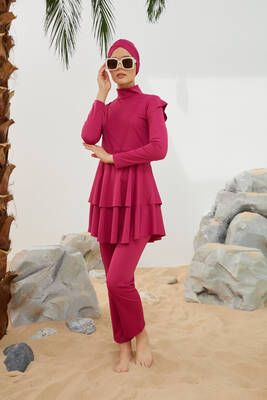 Remsa - Lycra Fully Covered Hijab Swimsuit Sea Swimsuit Frill Detailed T223-46 Fuchsia (1)