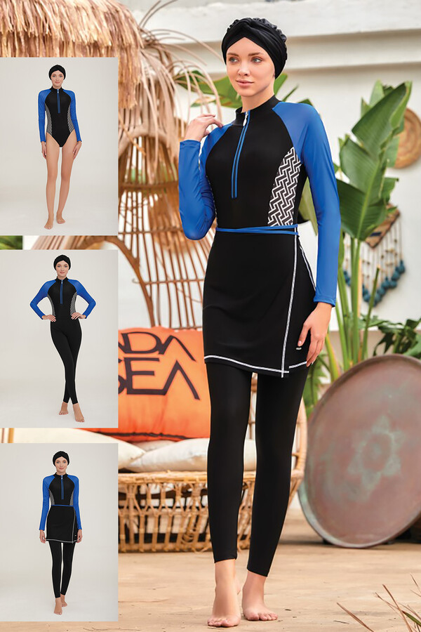Lycra Hijab Swimsuit That Can be Wear in 3 Different Ways Collar 4455 Black Remsa Swimwear - Thumbnail