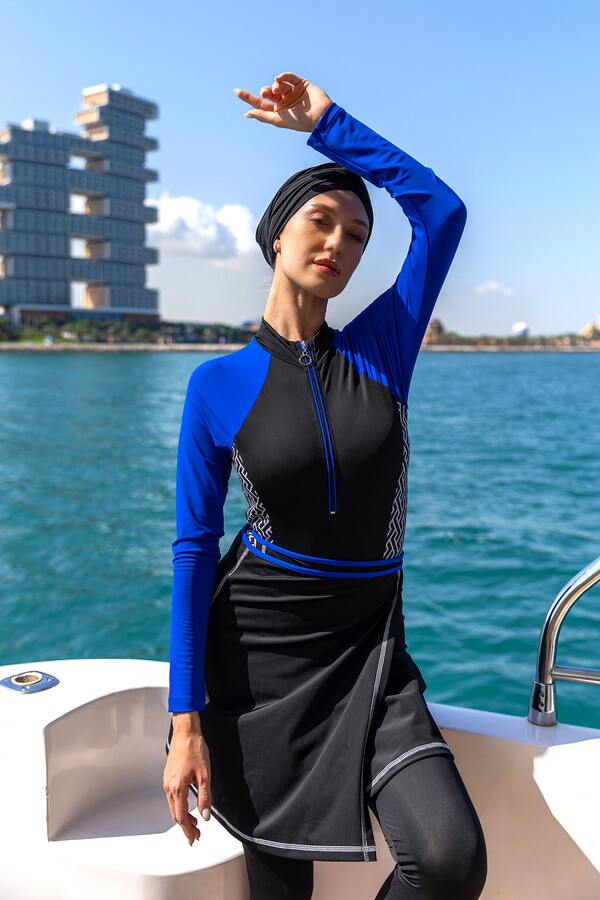 Lycra Hijab Swimsuit That Can be Wear in 3 Different Ways Collar 4455 Black Remsa Swimwear - Thumbnail