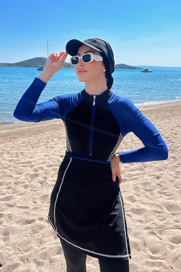 Lycra Hijab Swimsuit That Can be Wear in 3 Different Ways Collar 4455 Black Remsa Swimwear - Thumbnail