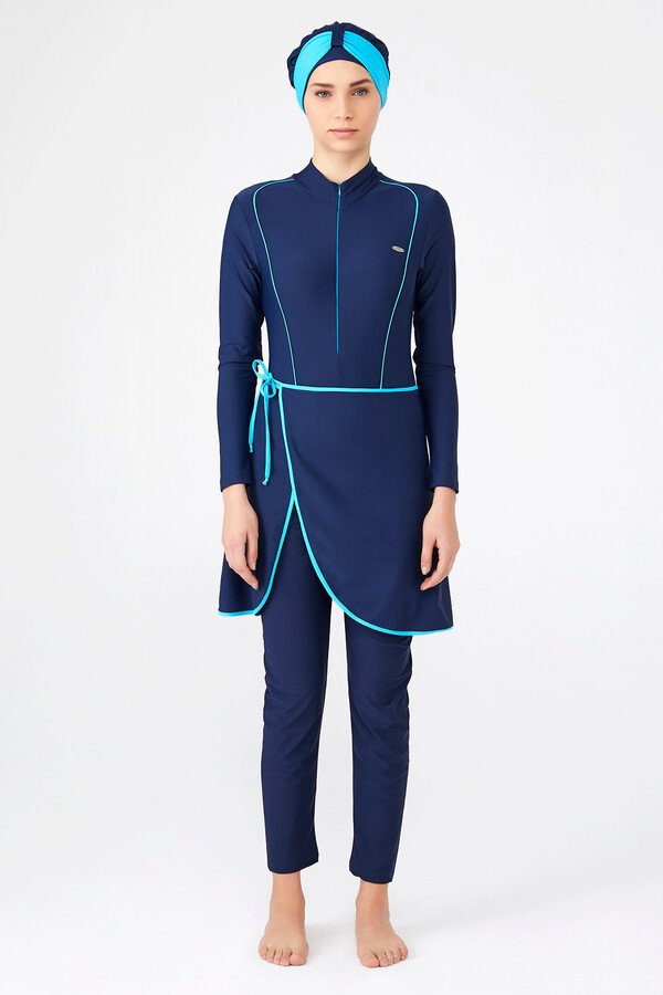 Remsa Swimwear Lycra 3-Piece Swimming Hijab Light Blue Rope Detail Swimsuit 4209 Navy Blue - Thumbnail