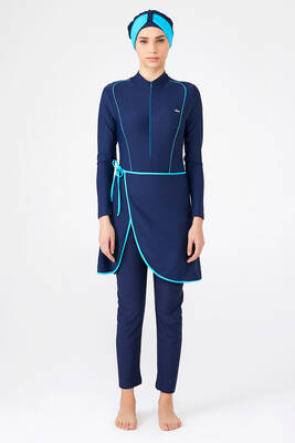 Remsa - Remsa Swimwear Lycra 3-Piece Swimming Hijab Light Blue Rope Detail Swimsuit 4209 Navy Blue (1)