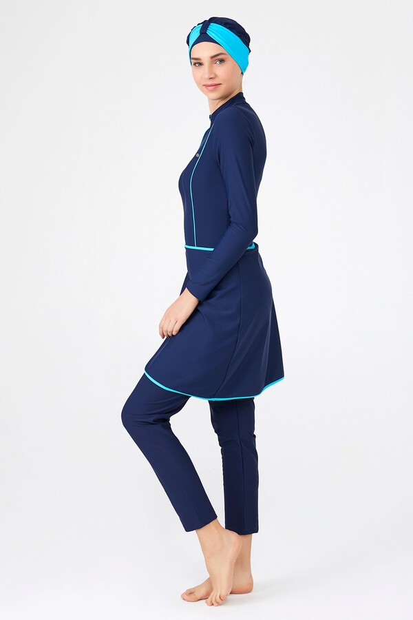 Remsa Swimwear Lycra 3-Piece Swimming Hijab Light Blue Rope Detail Swimsuit 4209 Navy Blue - Thumbnail