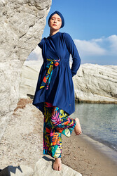 Adasea - Lycra Wide-Leg Full Coverage Modest Swimsuit Bloom 1119 Light Navy