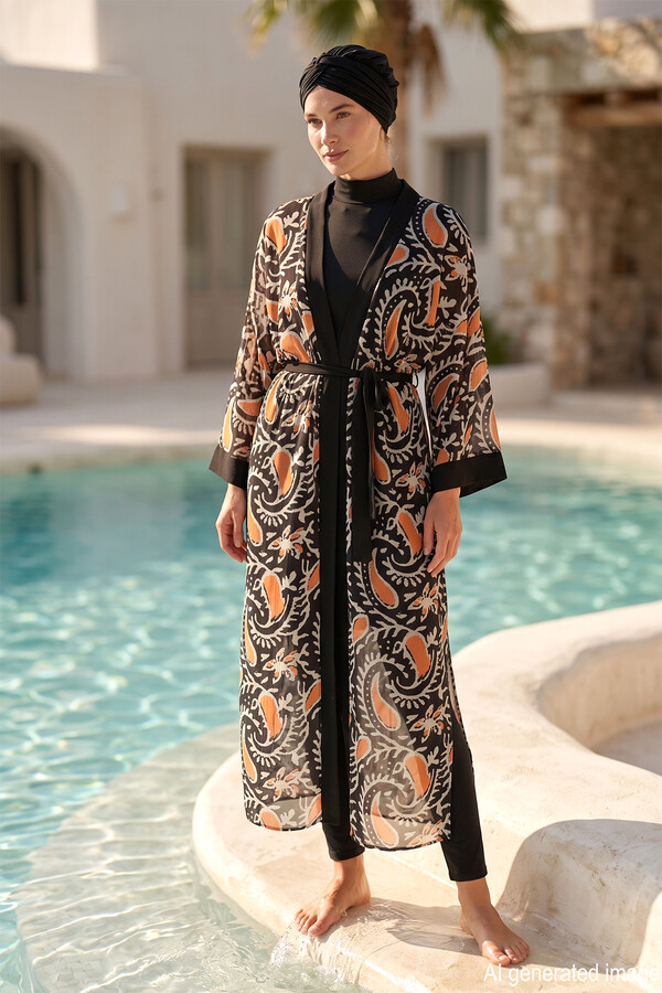 Mayo Üzerine Tek Pareo Kaftan Roxana 6108 Siyah - Thumbnail
