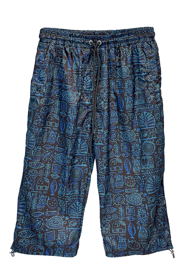 Navy Patterned Long Capri Swim Trunks K105 - Thumbnail