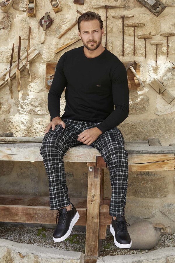Men's Aydogan Jacquard Long Sleeve Pajama Set 3371 Black03 - Thumbnail