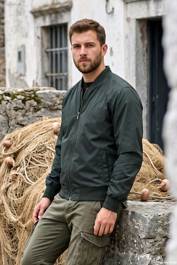 Men's Bomber Collar Mid-Season Jacket REU-9127 Khaki - Thumbnail