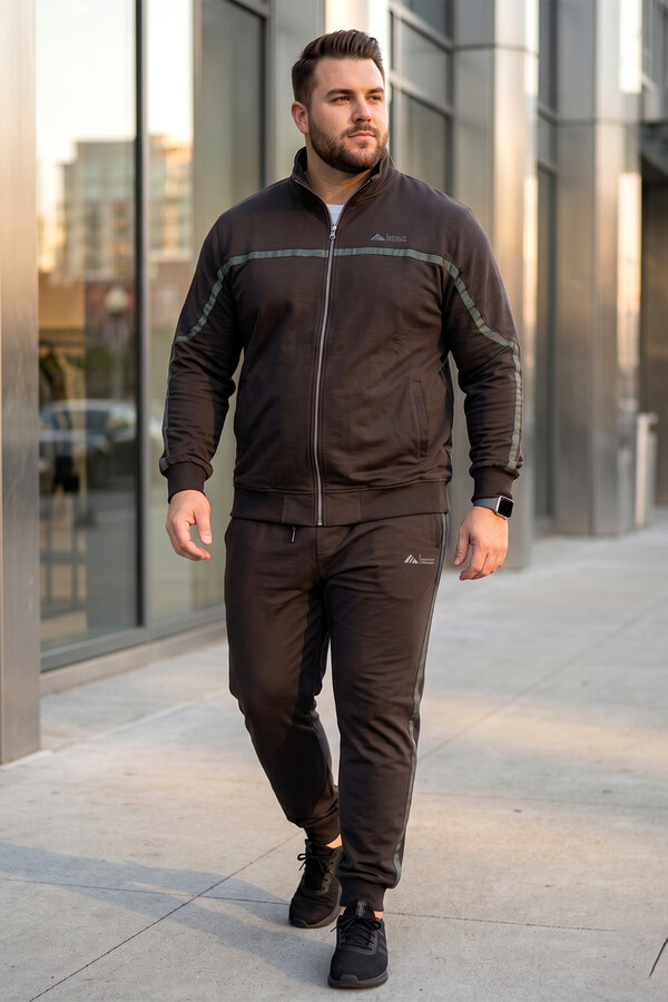 Men's Cotton Blend Ribbed Jogger Pants and Zip-Up Jacket Set 3715 Black - Thumbnail