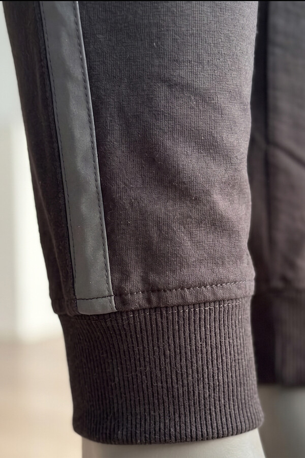 Men's Cotton Blend Ribbed Jogger Pants and Zip-Up Jacket Set 3715 Black - Thumbnail