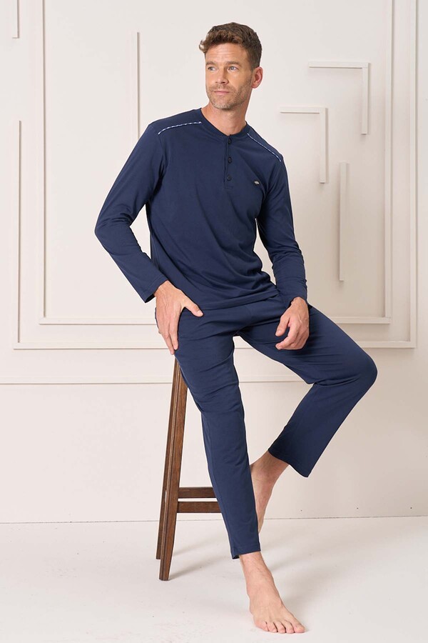 Men's Cotton Long Sleeve Pajama Set 4101 Navy - Thumbnail
