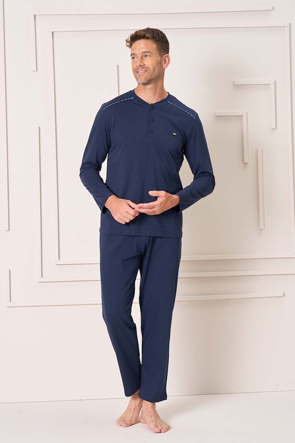 Men's Cotton Long Sleeve Pajama Set 4101 Navy - Thumbnail