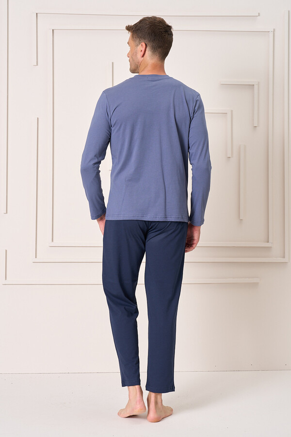 Men's Cotton Long Sleeve Pajama Set 4103 Indigo - Thumbnail