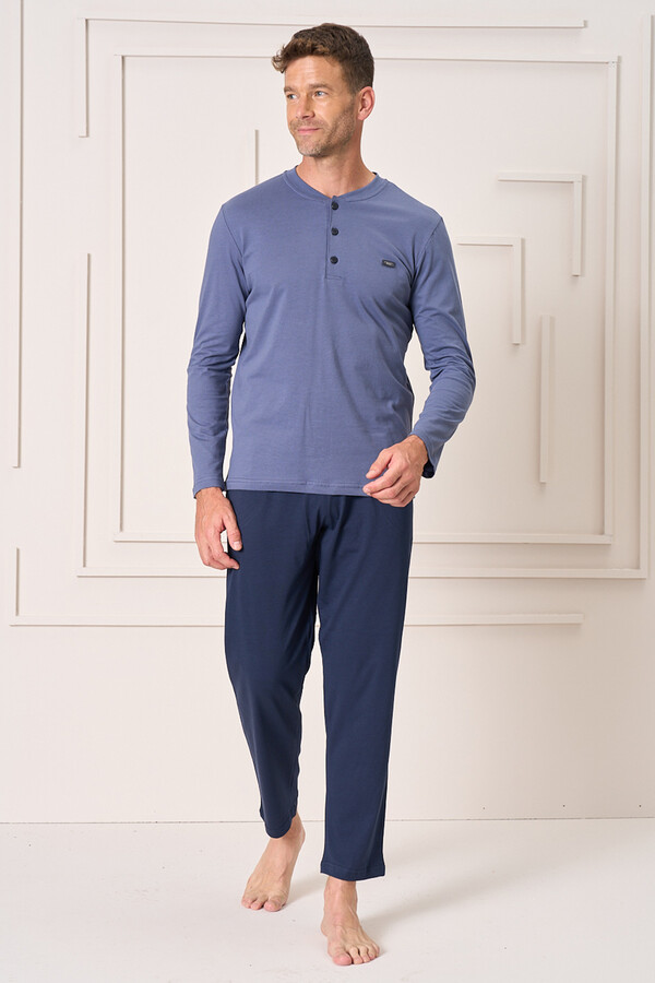 Men's Cotton Long Sleeve Pajama Set 4103 Indigo - Thumbnail