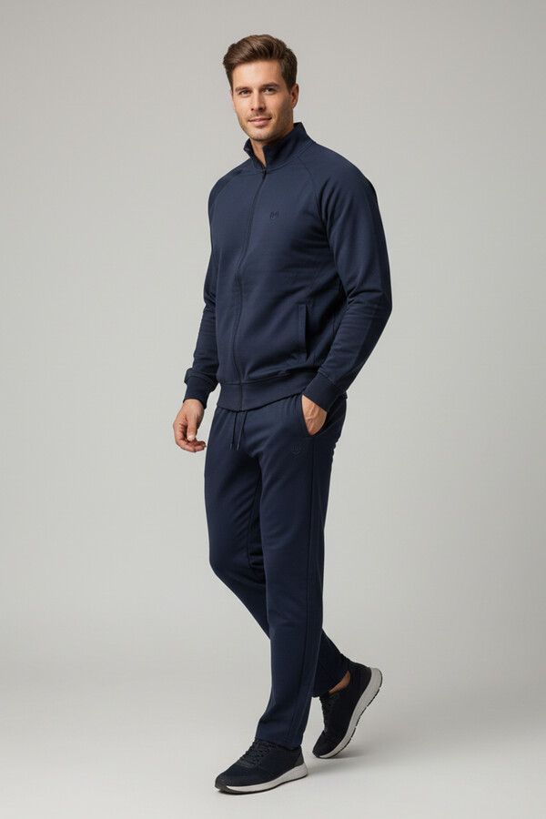 Men's Cotton Zip-Front Tracksuit Set 7018 Navy - Thumbnail