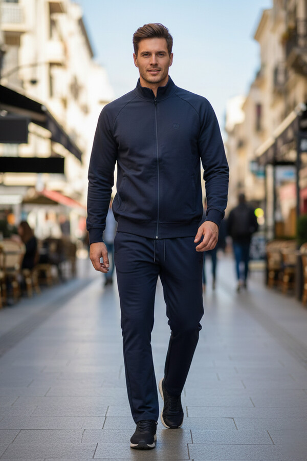 Men's Cotton Zip-Front Tracksuit Set 7018 Navy - Thumbnail