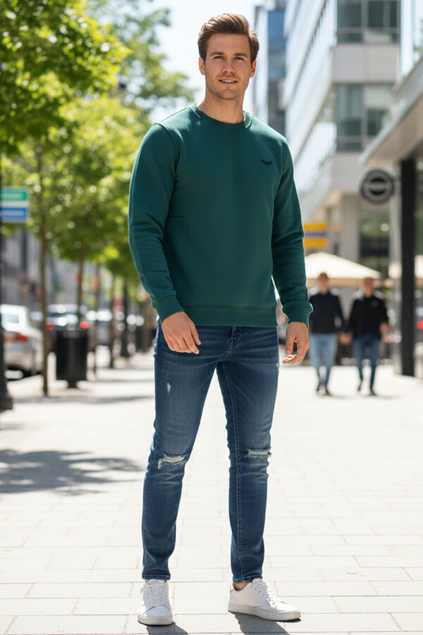 Men's Crew Neck Cotton Sweatshirt 0319 Emerald Green - Thumbnail