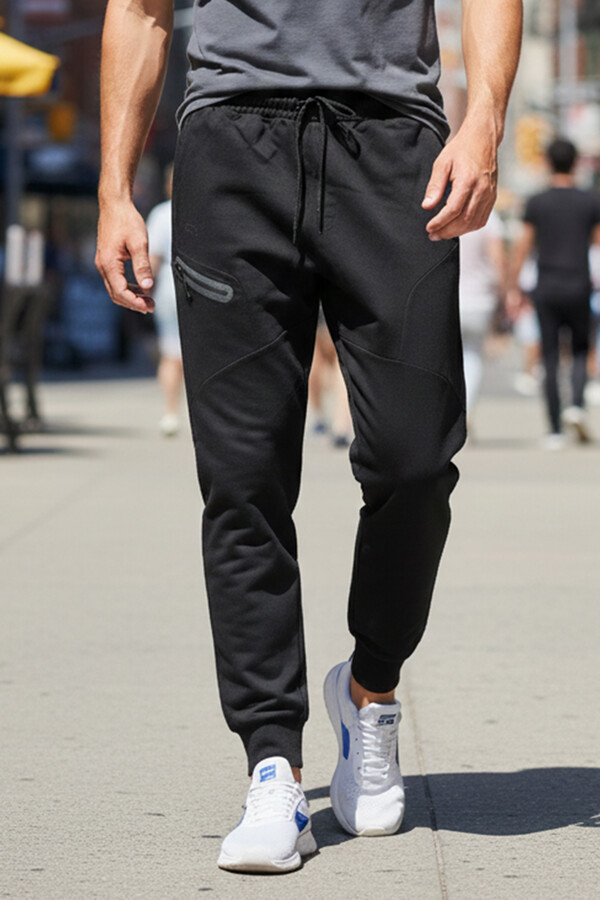 Men's Elastic Waist Jogger Pants with 3 Pockets 7077 Black - Thumbnail