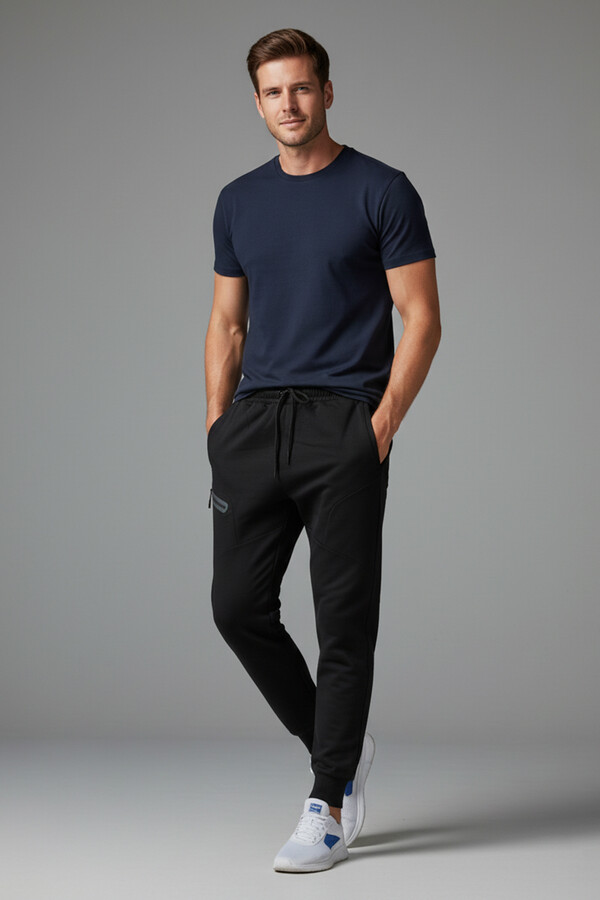 Men's Elastic Waist Jogger Pants with 3 Pockets 7077 Black - Thumbnail