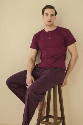 Aydogan - Men's Half-Button Short Sleeve Modal Pajama Set 7978 Burgundy (1)