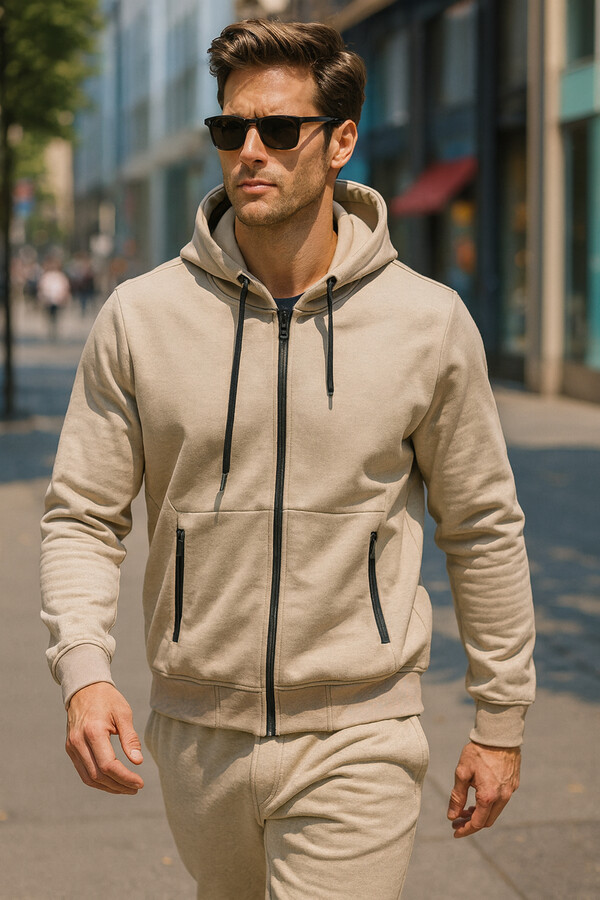 Men's Hooded Zip-Front Top Jacket REU-25723 Beige - Thumbnail