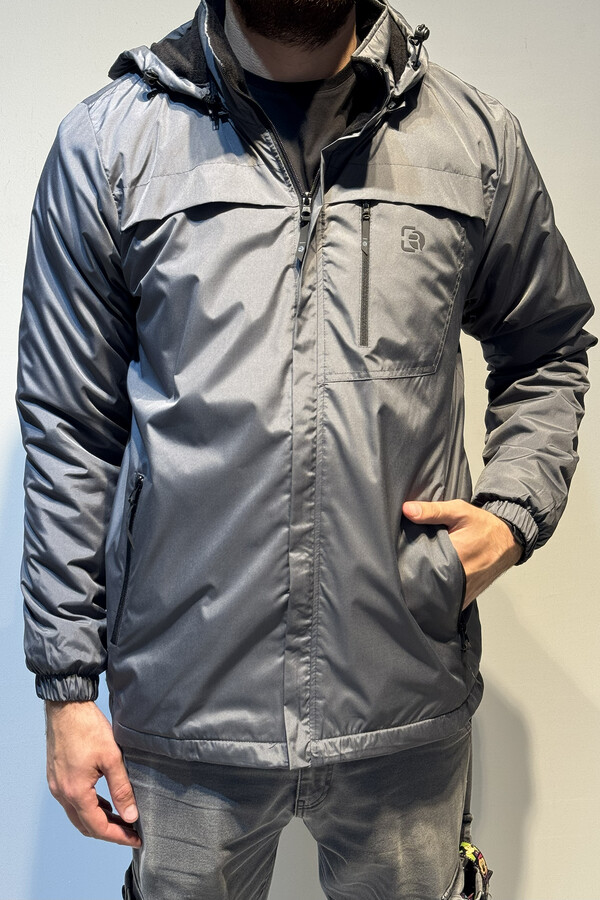 Men's Hooded Zip-Up Winter Jacket with Fleece Lining - Thumbnail
