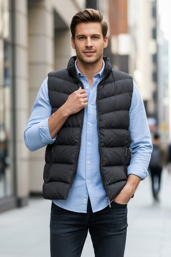 Men's Inner Lined Puffy Vest 7065 Black - Thumbnail
