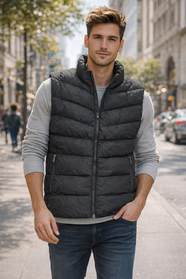 Men's Inner Lined Puffy Vest 7065 Black - Thumbnail