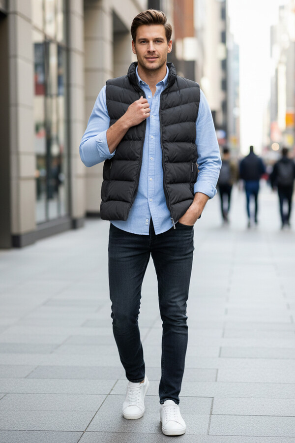 Men's Inner Lined Puffy Vest 7065 Black - Thumbnail