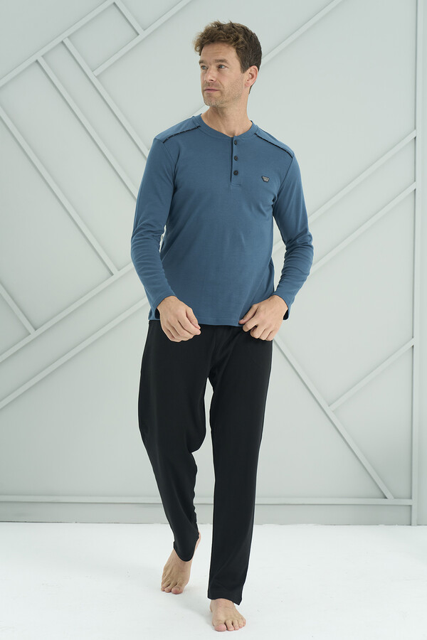 Men's Interlock Knit Long Sleeve Pajama Set 2201 Petrol02 - Thumbnail