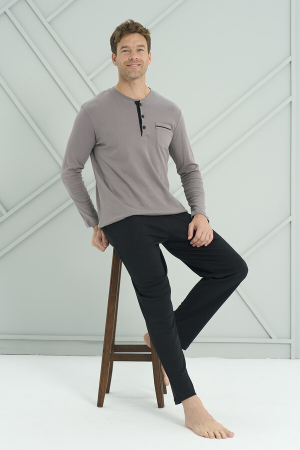 Men's Interlock Knit Long Sleeve Pajama Set 2205 Grey01 - Thumbnail